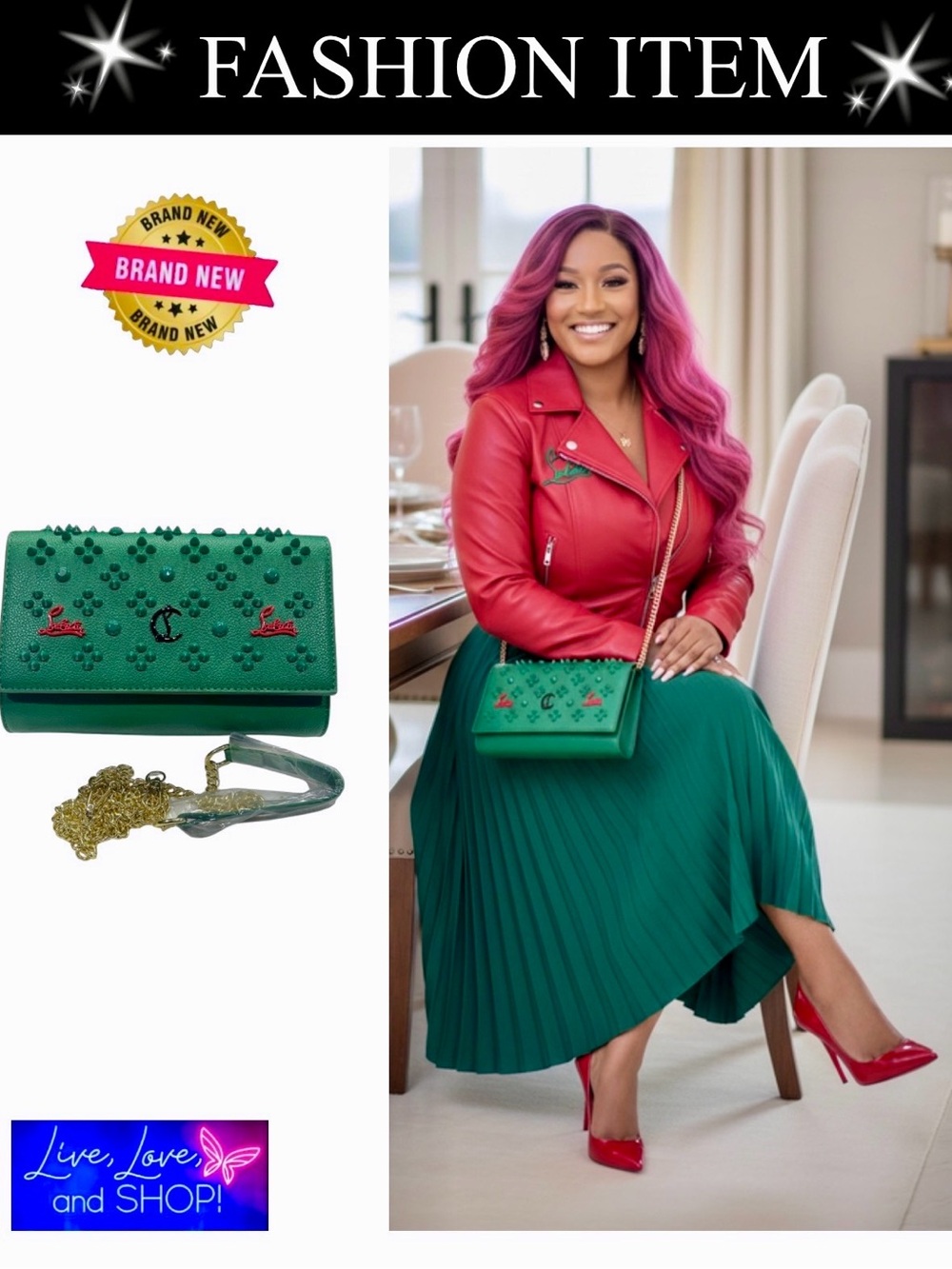 PURSE: Green & Red Leather w/Spiked Detailing & Golden Chain Crossbody, NWOT